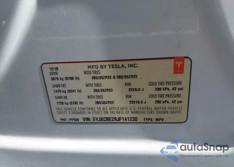 2018 Tesla Model X из США, поврежденный, VIN 5YJXCBE29JF141230
